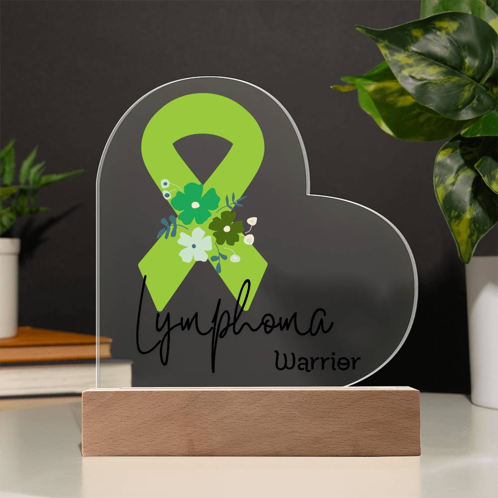 Lymphoma Warrior Acrylic Heart Plaque Sign | LED Base | Acrylic Night Light | Light Up Sign | Lime Green Awareness Ribbon