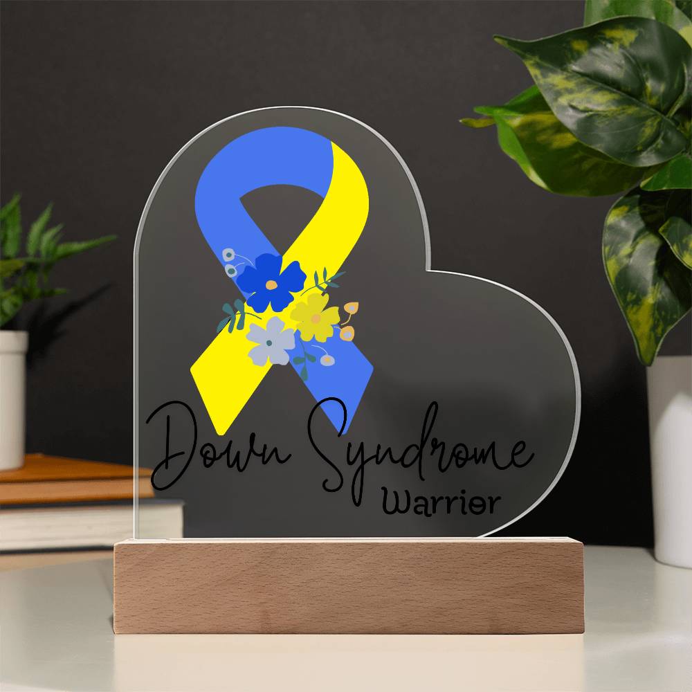 Down Syndrome Warrior Acrylic Heart Plaque Sign | LED Base | Acrylic Night Light | Light Up Sign | Blue & Yellow Awareness Ribbon