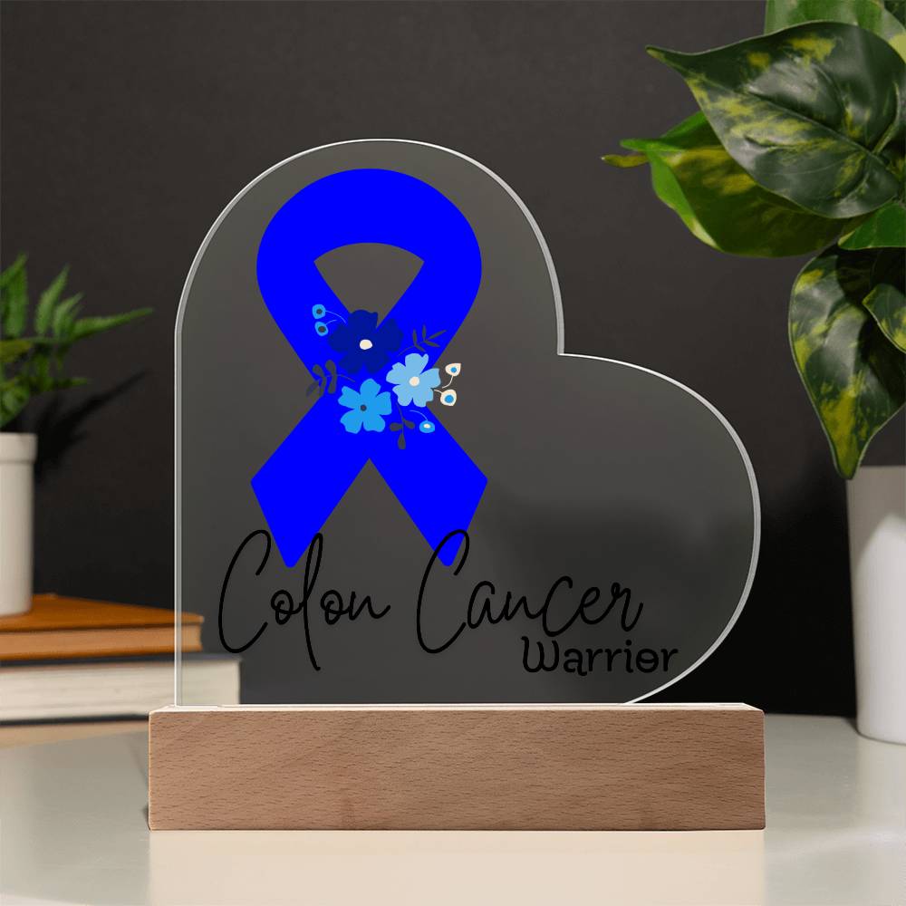 Colon Cancer Warrior Acrylic Heart Plaque Sign | LED Base | Acrylic Night Light | Light Up Sign | Blue Awareness Ribbon