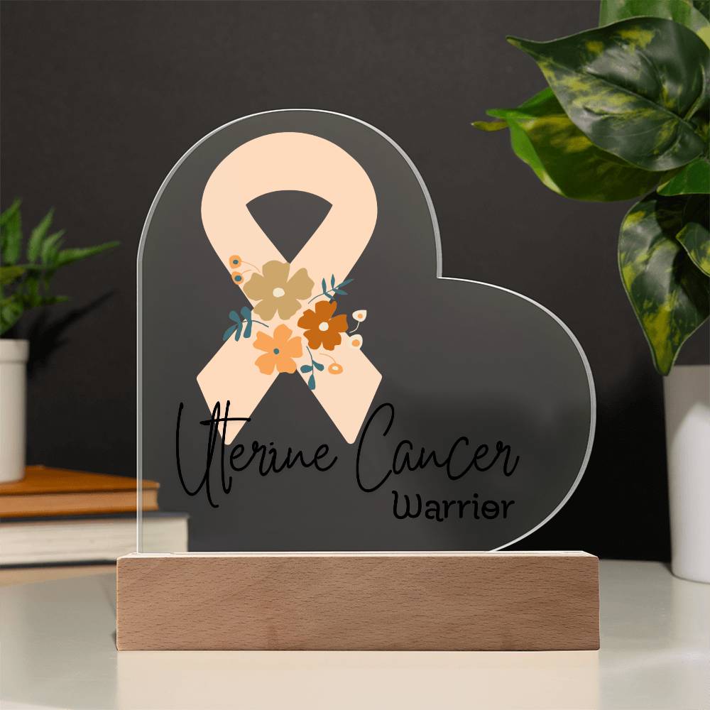 Uterine Cancer Warrior Acrylic Heart Plaque Sign | LED Base | Acrylic Night Light | Light Up Sign | Peach Awareness Ribbon