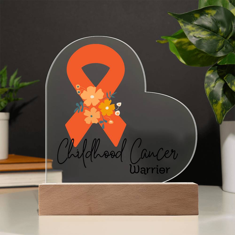 Childhood Cancer Warrior Acrylic Heart Plaque Sign | LED Base | Acrylic Night Light | Light Up Sign | Orange Awareness Ribbon