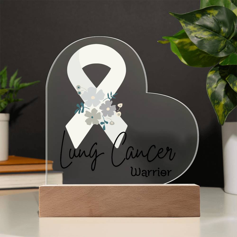 Lung Cancer Warrior Acrylic Heart Plaque Sign | LED Base | Acrylic Night Light | Light Up Sign | White Awareness Ribbon