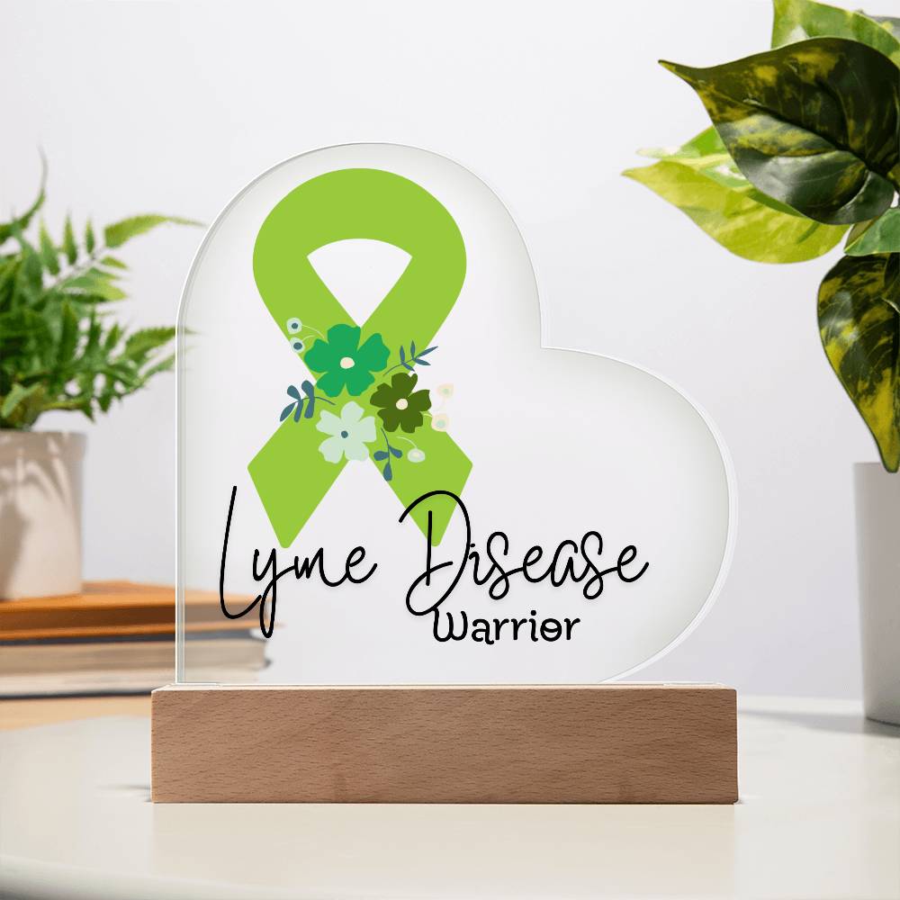 Lyme Disease Warrior Acrylic Heart Plaque Sign | LED Base | Acrylic Night Light | Light Up Sign | Lime Green Awareness
