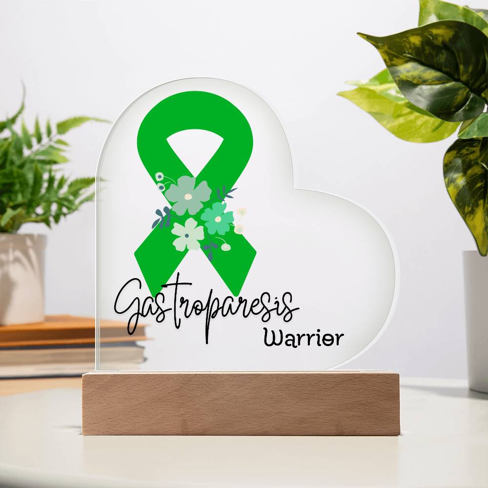 Gastroparesis Warrior Acrylic Heart Plaque Sign | LED Base | Acrylic Night Light | Light Up Sign | Green Awareness Ribbon
