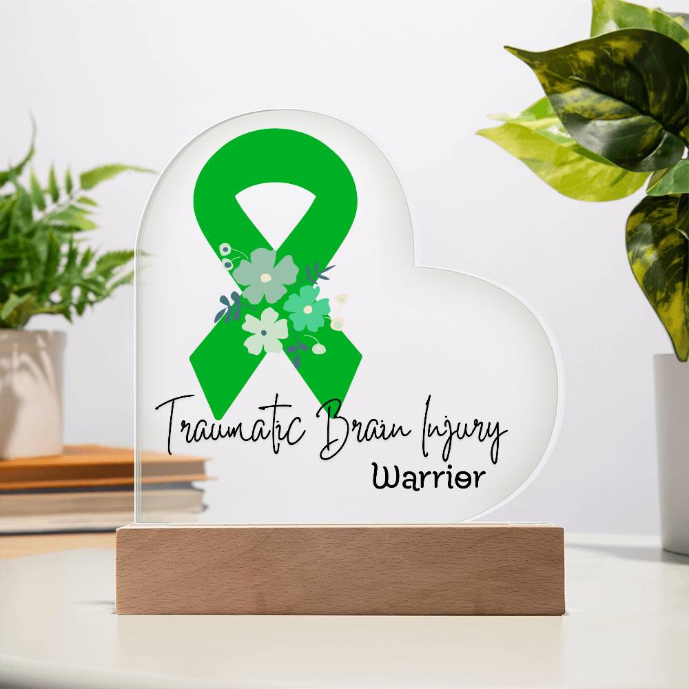 Traumatic Brain Injury Warrior Acrylic Heart Plaque Sign | LED Base | Acrylic Night Light | Light Up Sign | Green Awareness Ribbon