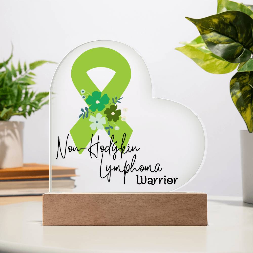 Non Hodgkin Lymphoma Warrior Acrylic Heart Plaque Sign | LED Base | Acrylic Night Light | Light Up Sign | Green Awareness Ribbon