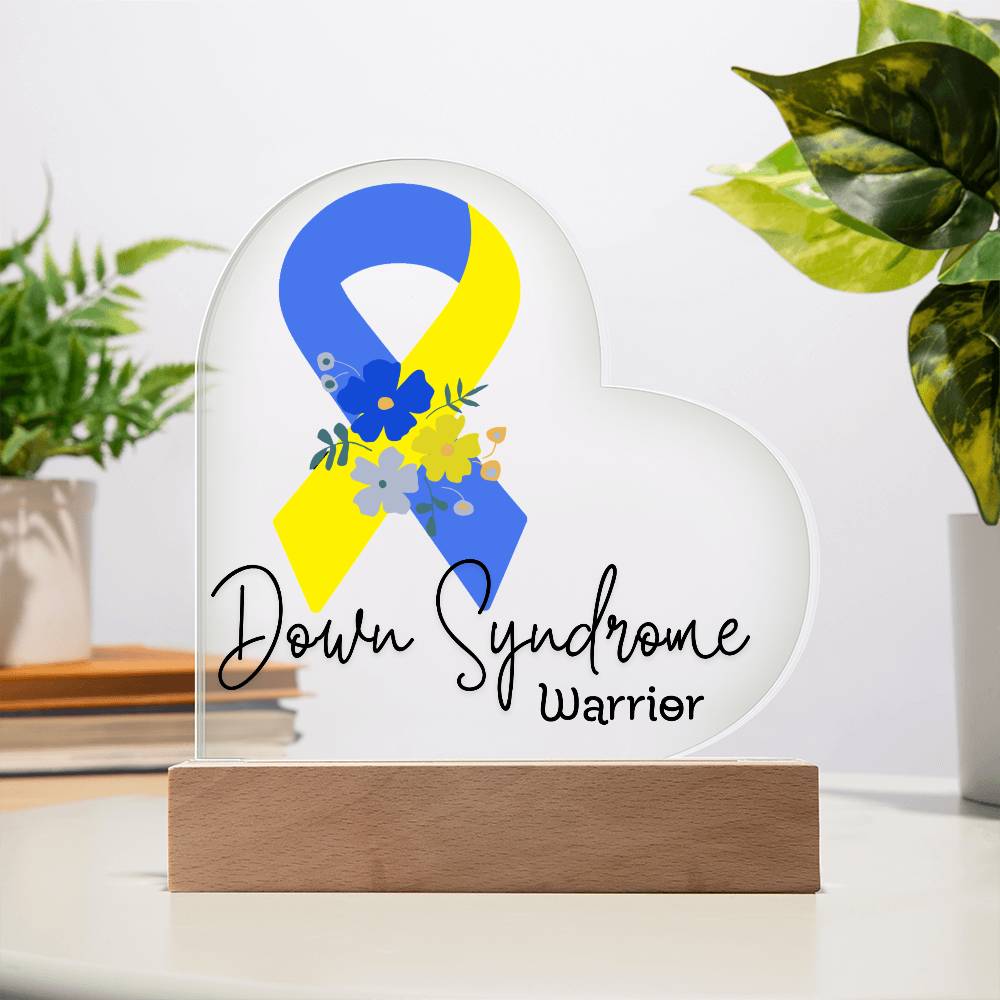 Down Syndrome Warrior Acrylic Heart Plaque Sign | LED Base | Acrylic Night Light | Light Up Sign | Blue & Yellow Awareness Ribbon