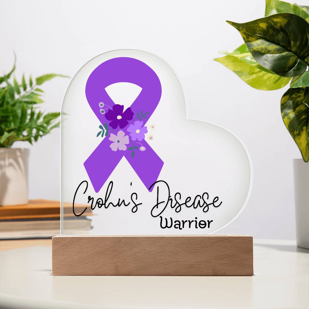 Crohn's Disease Warrior Acrylic Heart Plaque Sign | LED Base | Acrylic Night Light | Light Up Sign | Purple Awareness Ribbon
