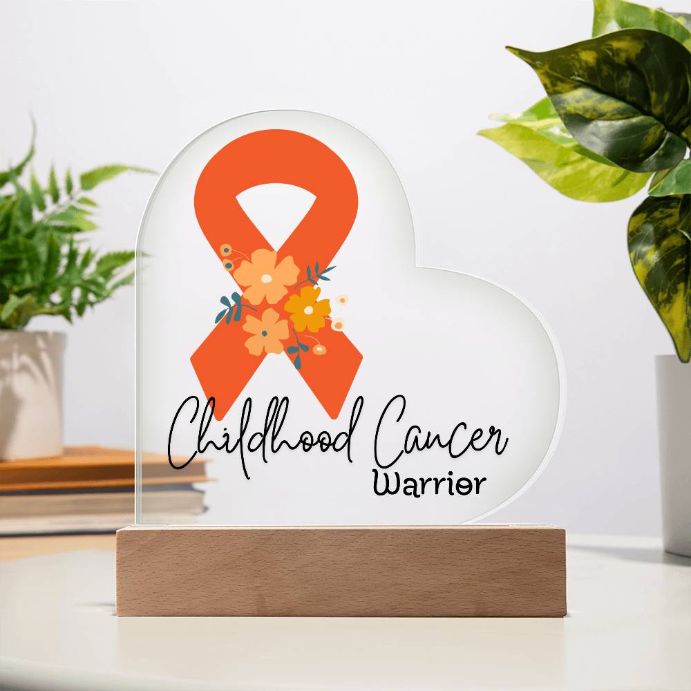 Childhood Cancer Warrior Acrylic Heart Plaque Sign | LED Base | Acrylic Night Light | Light Up Sign | Orange Awareness Ribbon