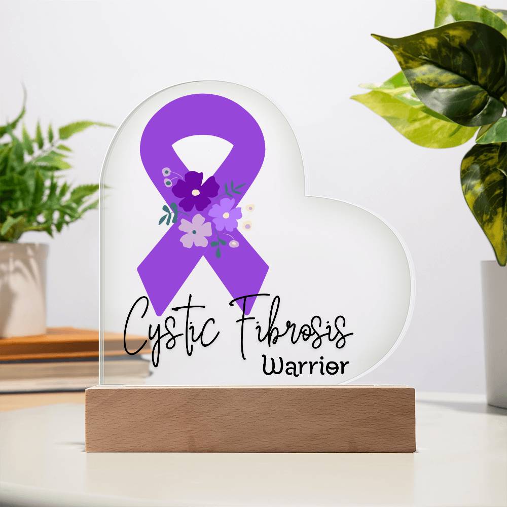 Cystic Fibrosis Warrior Acrylic Heart Plaque Sign | LED Base | Acrylic Night Light | Light Up Sign | Purple Awareness Ribbon