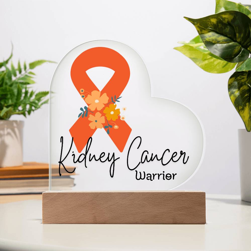 Kidney Cancer Warrior Acrylic Heart Plaque Sign | LED Base | Acrylic Night Light | Light Up Sign | Orange Awareness Ribbon