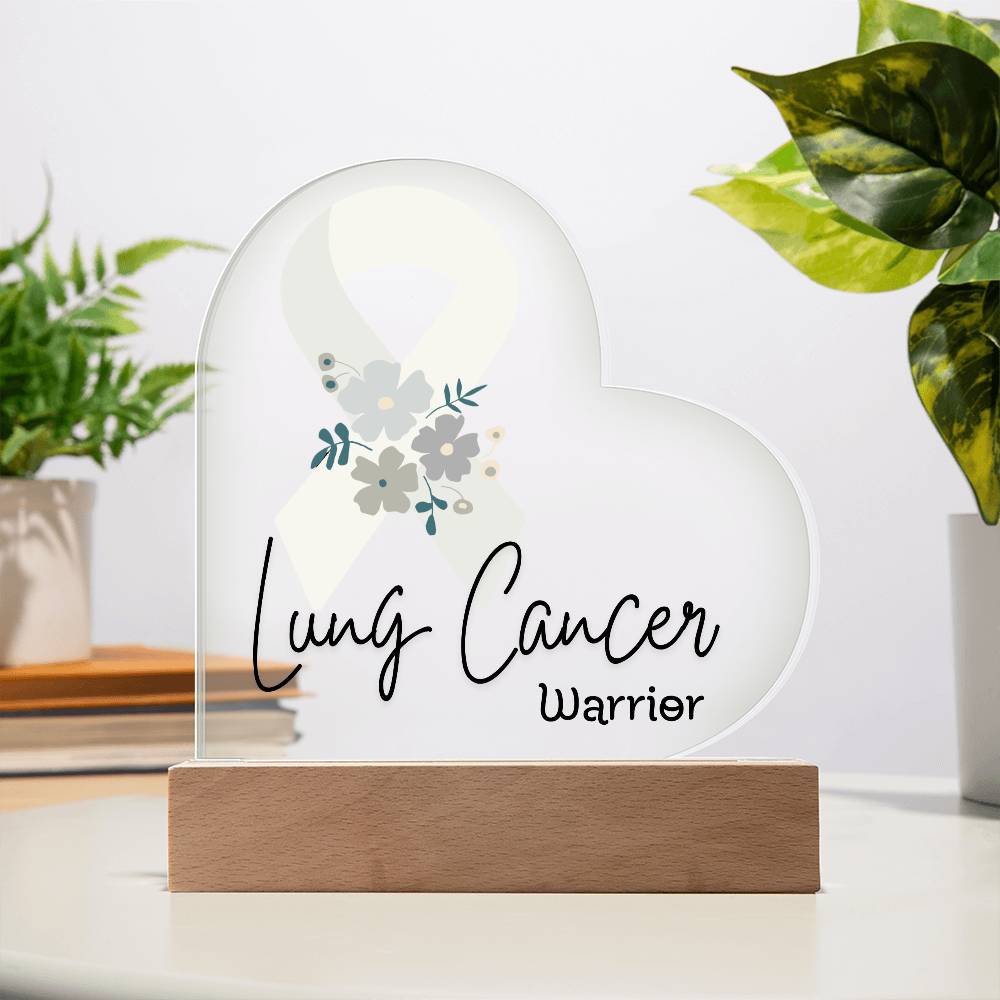Lung Cancer Warrior Acrylic Heart Plaque Sign | LED Base | Acrylic Night Light | Light Up Sign | White Awareness Ribbon
