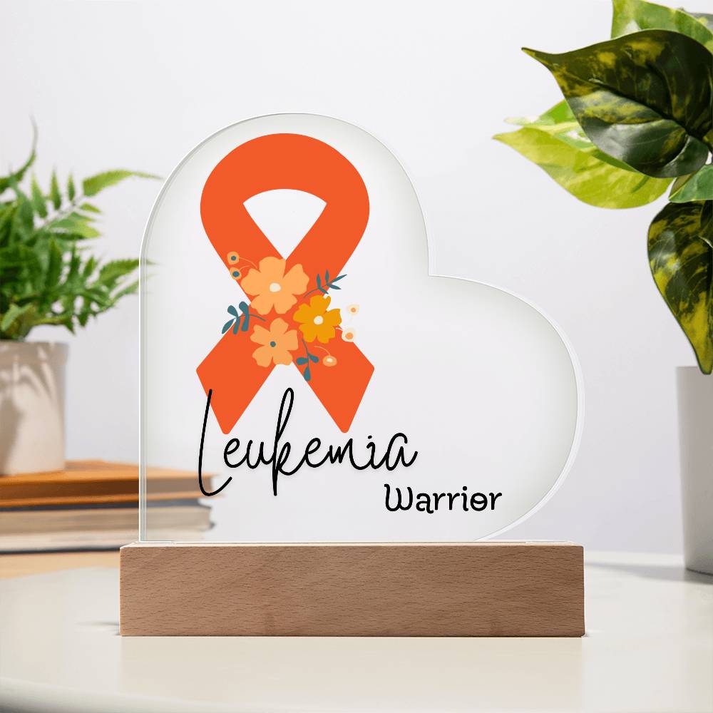 Leukemia Warrior Acrylic Heart Plaque Sign | LED Base | Acrylic Night Light | Light Up Sign | Orange Awareness Ribbon