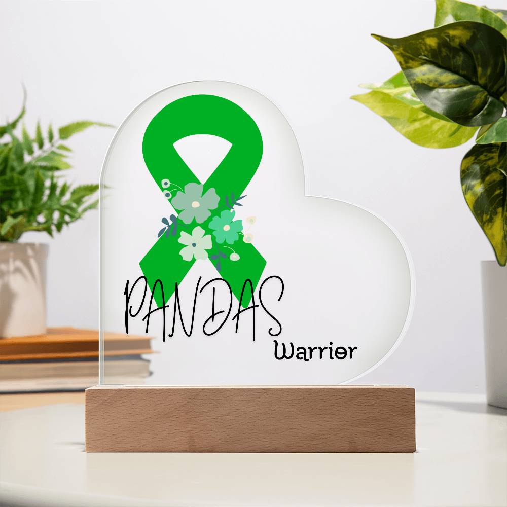 PANDAS Warrior Acrylic Heart Plaque Sign | LED Base | Acrylic Night Light | Light Up Sign | Green Awareness Ribbon
