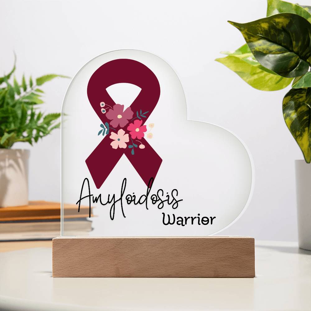 Amyloidosis Warrior Acrylic Heart Plaque Sign | LED Base | Acrylic Night Light | Light Up Sign | Burgundy Awareness Ribbon