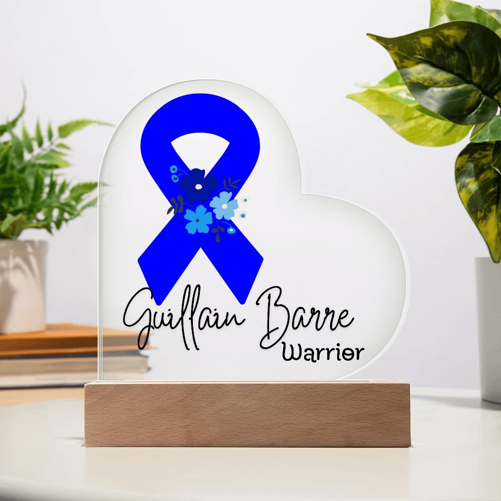 Guillain Barre Warrior Acrylic Heart Plaque Sign | LED Base | Acrylic Night Light | Light Up Sign | Blue Awareness Ribbon