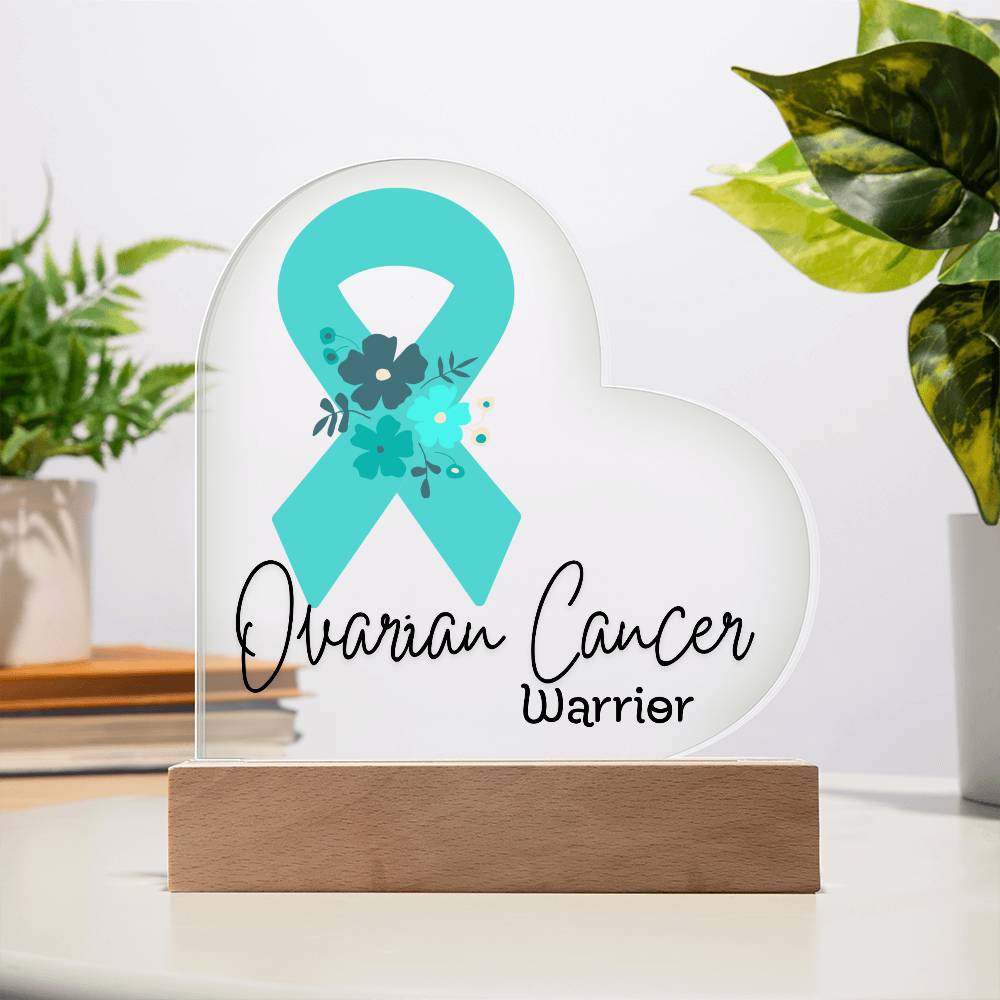 Ovarian Cancer Warrior Acrylic Heart Plaque Sign | LED Base | Acrylic Night Light | Light Up Sign | Teal Awareness Ribbon