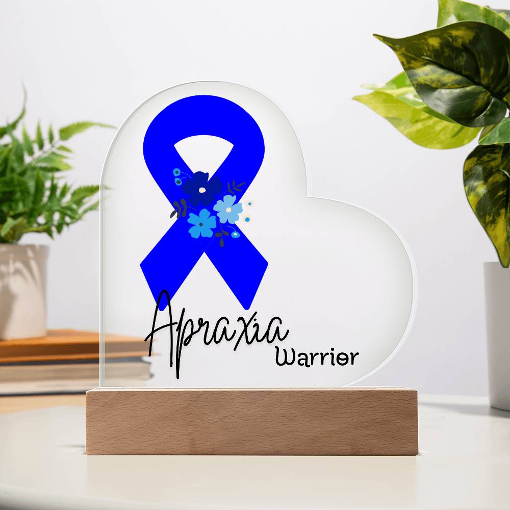 Apraxia Warrior Acrylic Heart Plaque Sign | LED Base | Acrylic Night Light | Light Up Sign | Blue Awareness Ribbon