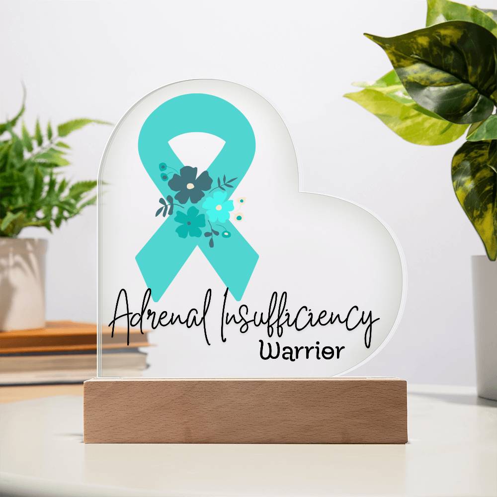 Adrenal Insufficiency Warrior Acrylic Heart Plaque Sign | LED Base | Acrylic Night Light | Light Up Sign | Teal Awareness Ribbon