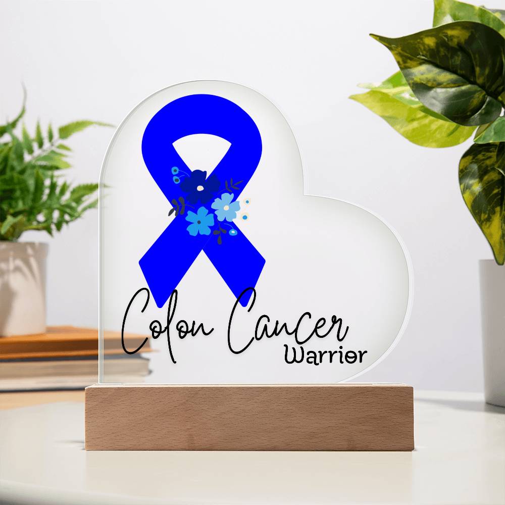 Colon Cancer Warrior Acrylic Heart Plaque Sign | LED Base | Acrylic Night Light | Light Up Sign | Blue Awareness Ribbon