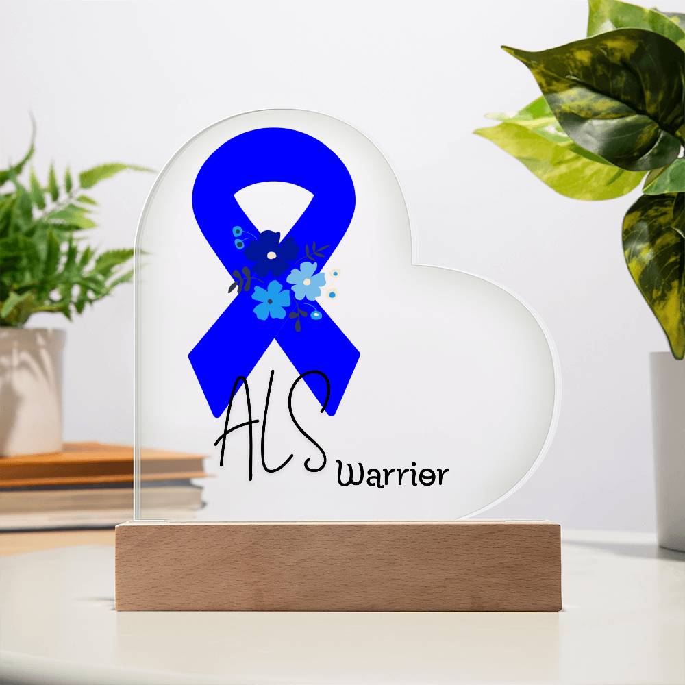 ALS Warrior Acrylic Heart Plaque Sign | LED Base | Acrylic Night Light | Light Up Sign | Blue Awareness Ribbon