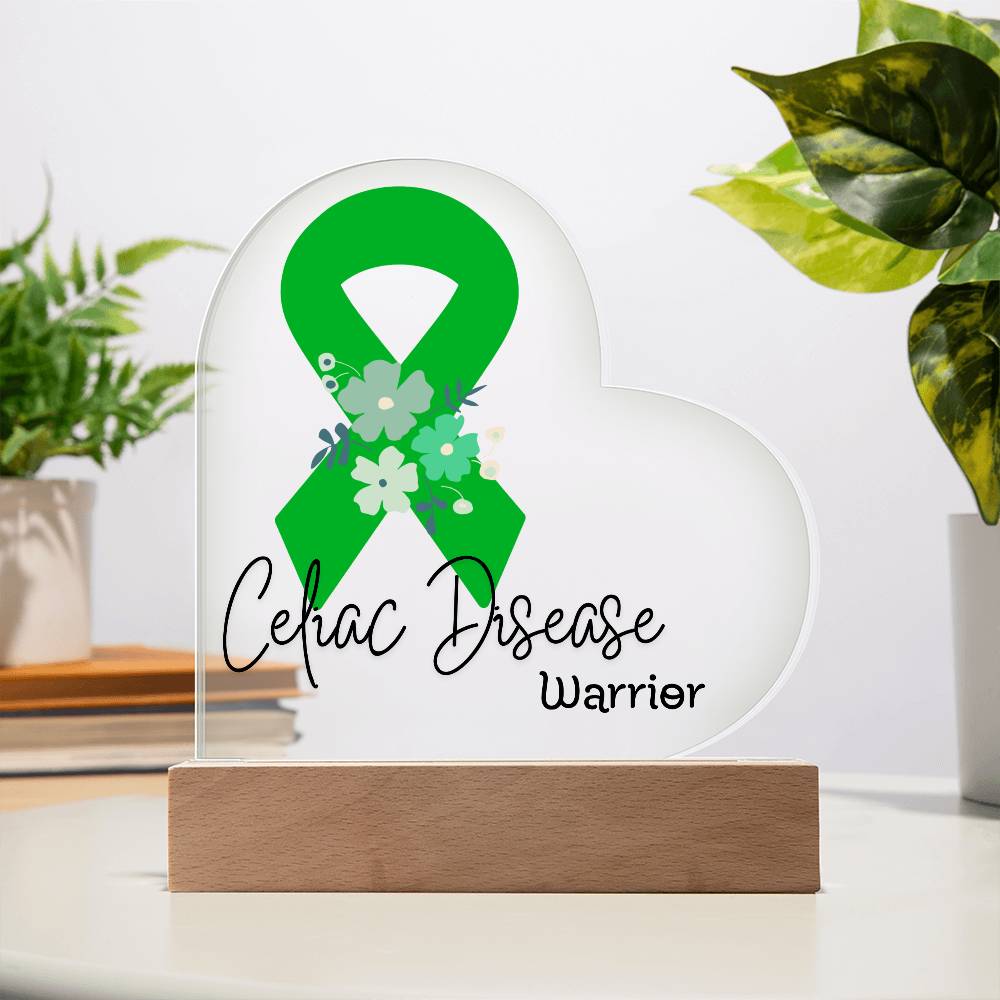 Celiac Disease Warrior Acrylic Heart Plaque Sign | LED Base | Acrylic Night Light | Light Up Sign | Green Awareness Ribbon