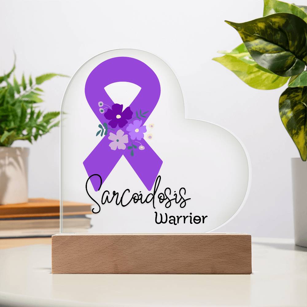 Sarcoidosis Warrior Acrylic Heart Plaque Sign | LED Base | Acrylic Night Light | Light Up Sign | Purple Awareness Ribbon