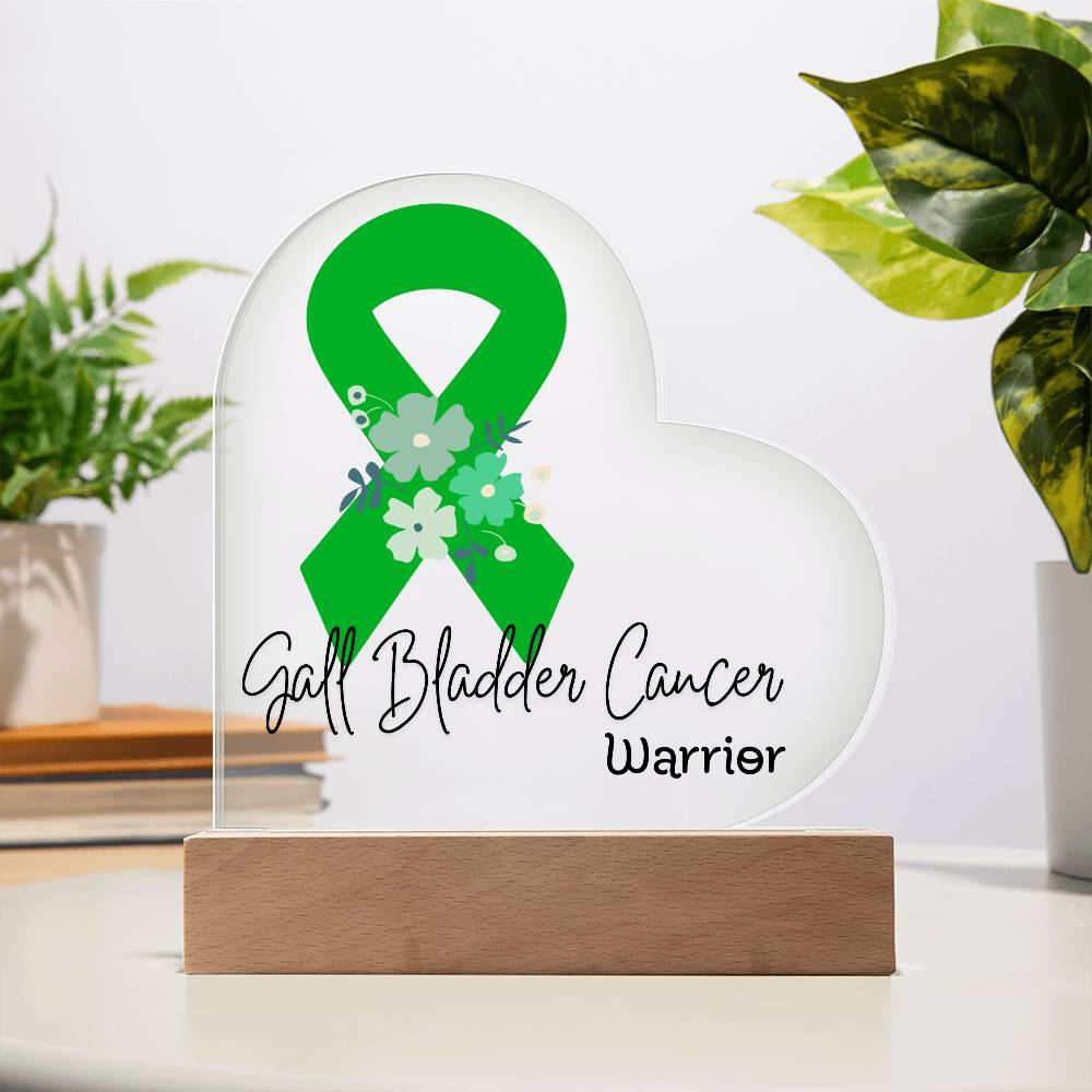 Gall Bladder Cancer Warrior Acrylic Heart Plaque Sign | LED Base | Acrylic Night Light | Light Up Sign | Green Awareness Ribbon