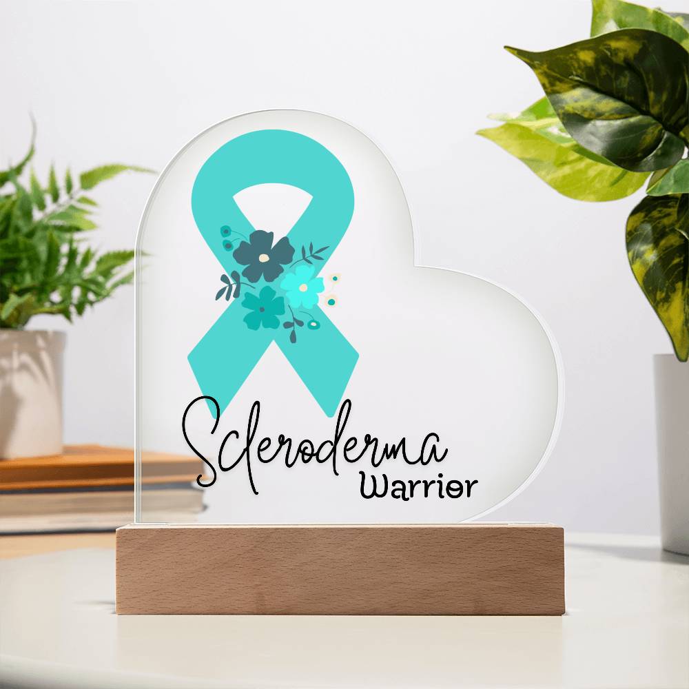 Scleroderma Warrior Acrylic Heart Plaque Sign | LED Base | Acrylic Night Light | Light Up Sign | Teal Awareness Ribbon