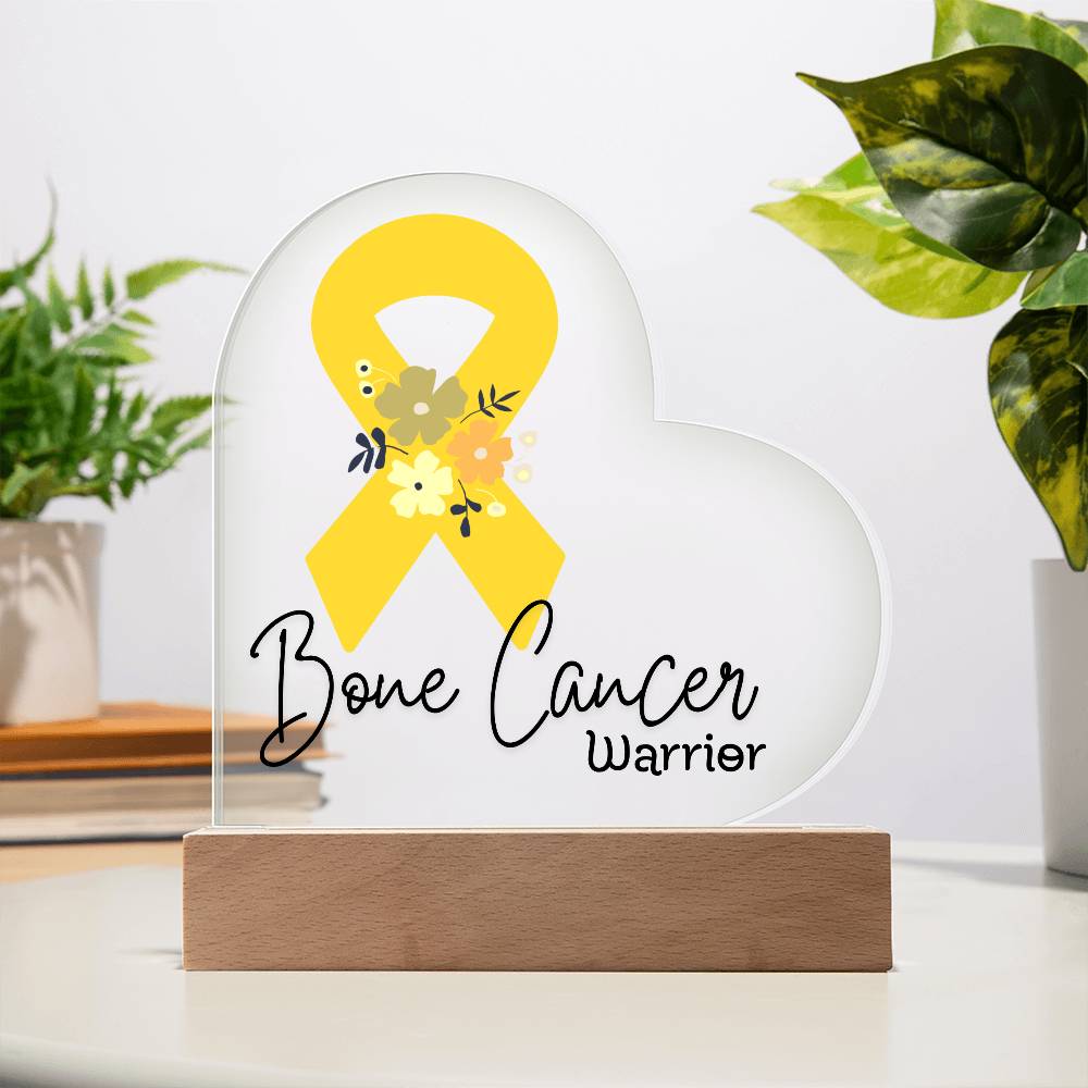 Bone Cancer Warrior Acrylic Heart Plaque Sign | LED Base | Acrylic Night Light | Light Up Sign | Yellow Awareness Ribbon