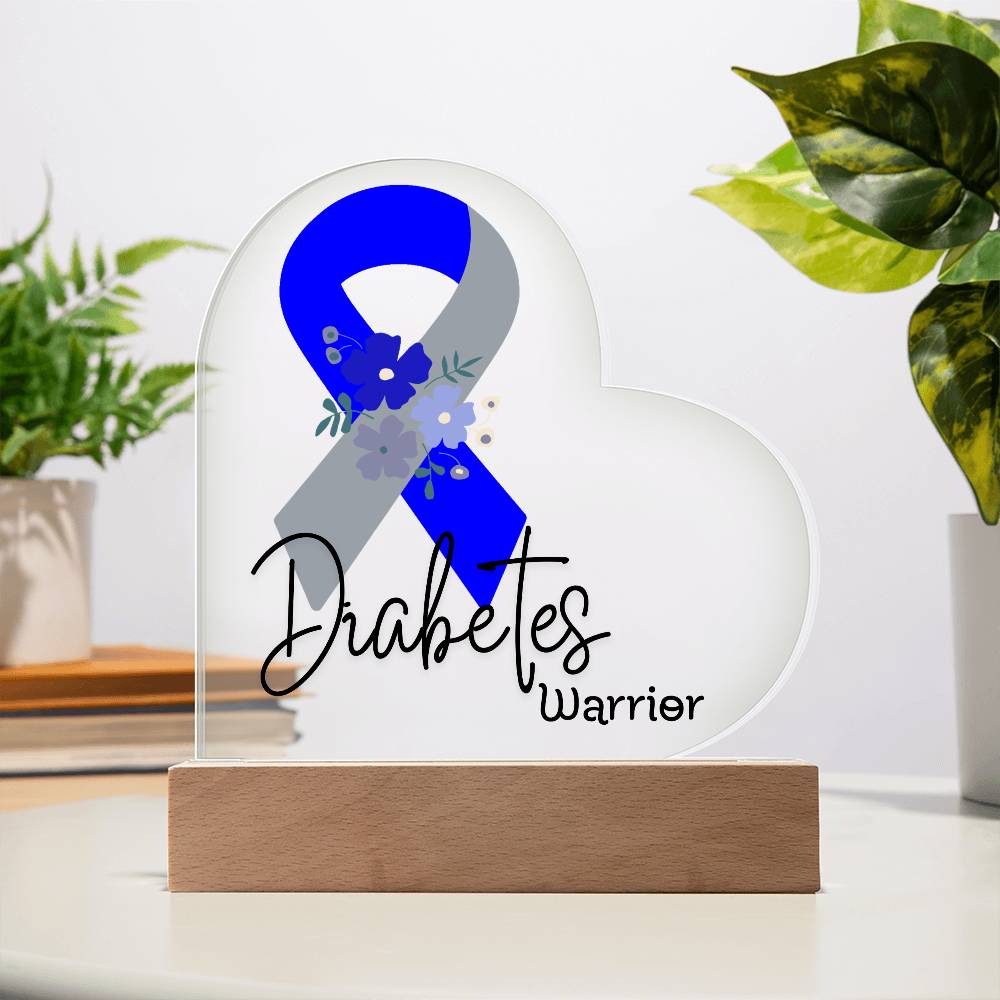 Diabetes Warrior Acrylic Heart Plaque Sign | LED Base | Acrylic Night Light | Light Up Sign | Blue and Gray Awareness Ribbon