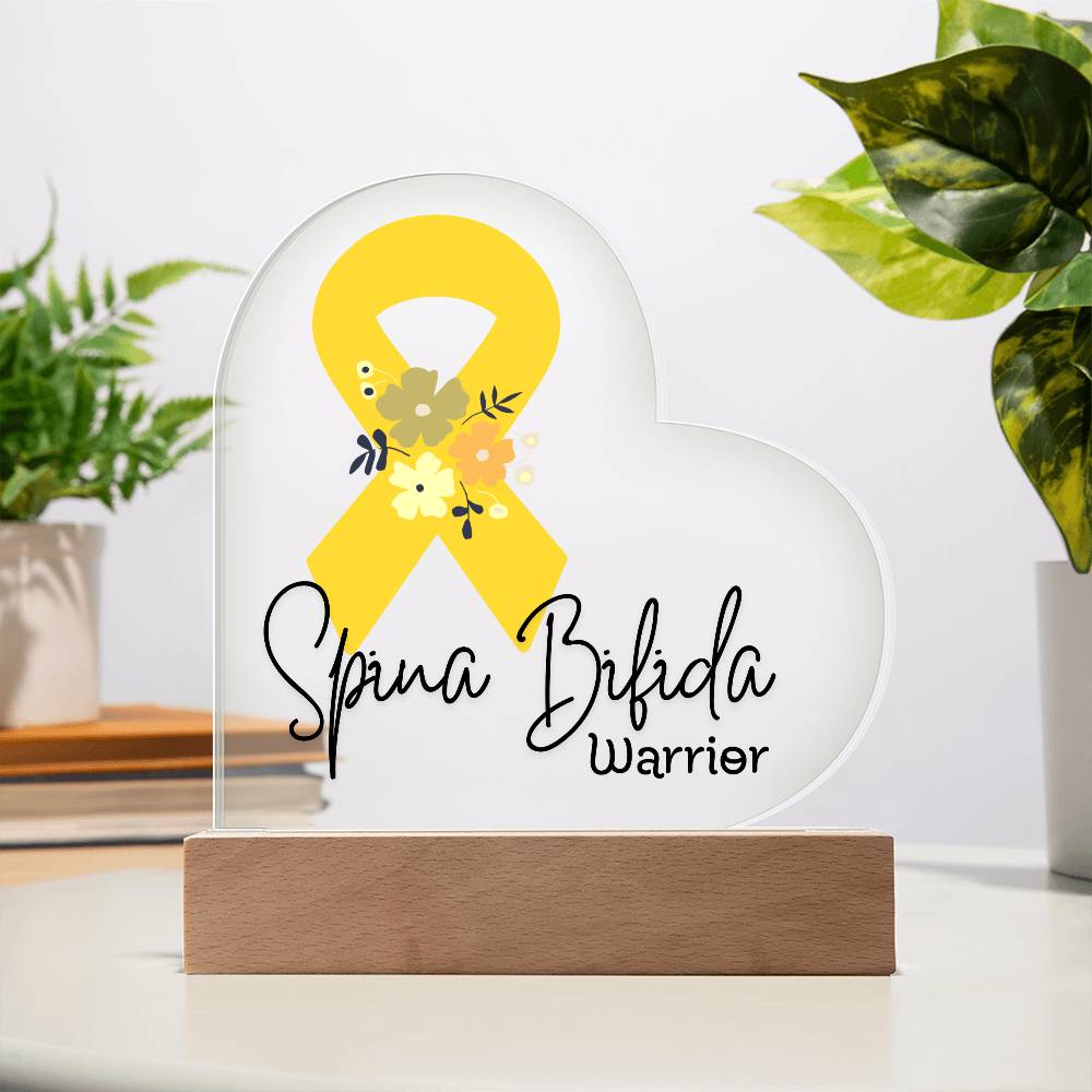 Spina Bifida Warrior Acrylic Heart Plaque Sign | LED Base | Acrylic Night Light | Light Up Sign | Yellow Awareness Ribbon