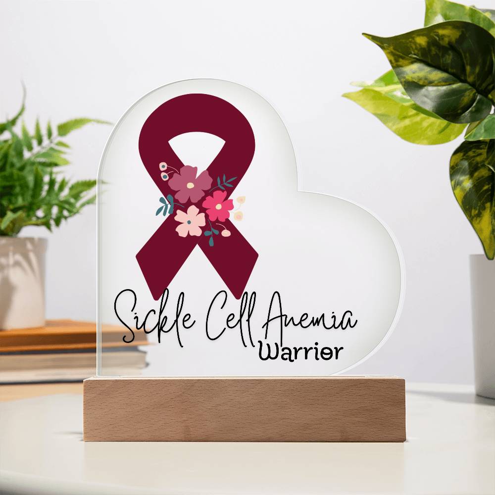 Sickle Cell Anemia Warrior Acrylic Heart Plaque Sign | LED Base | Acrylic Night Light | Light Up Sign | Burgundy Awareness Ribbon