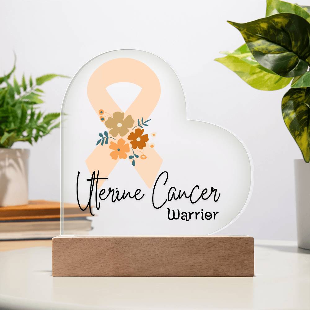 Uterine Cancer Warrior Acrylic Heart Plaque Sign | LED Base | Acrylic Night Light | Light Up Sign | Peach Awareness Ribbon