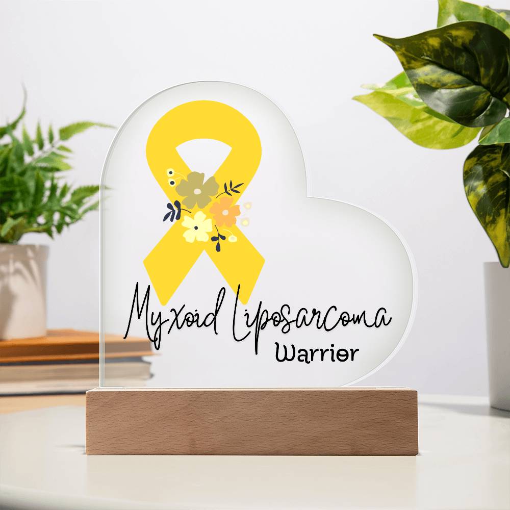 Myxoid Liposarcoma Warrior Acrylic Heart Plaque Sign | LED Base | Acrylic Night Light | Light Up Sign | Yellow Awareness Ribbon