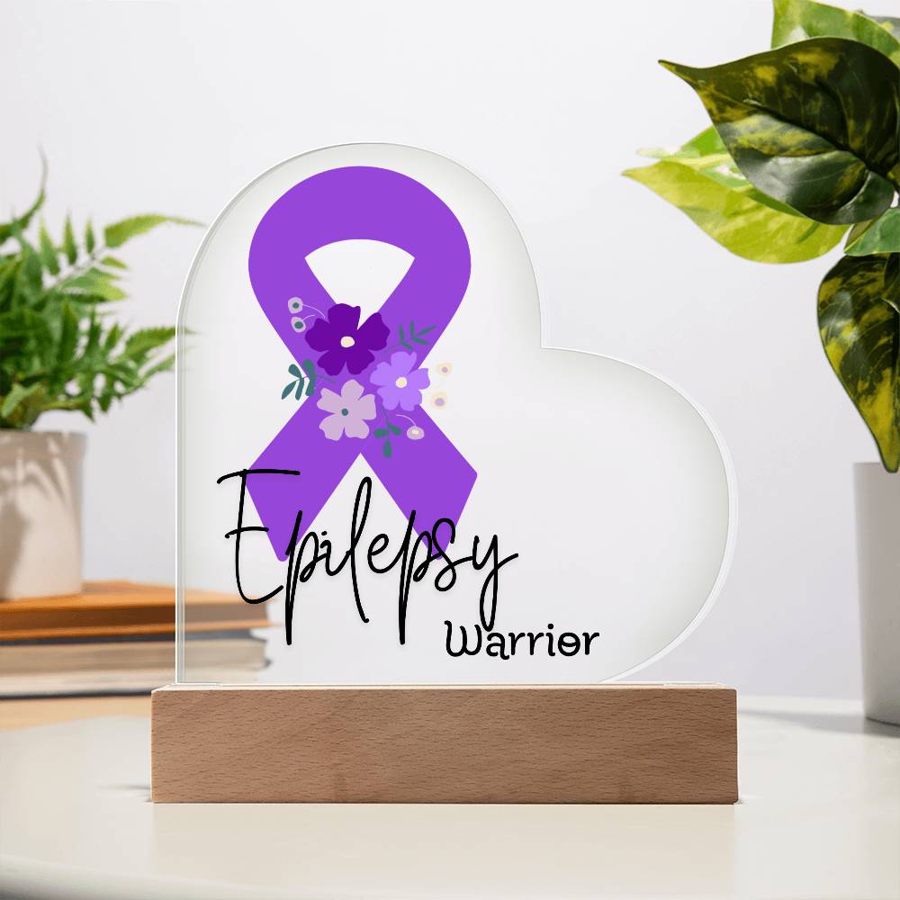 Epilepsy Warrior Acrylic Heart Plaque Sign | LED Base | Acrylic Night Light | Light Up Sign | Purple Awareness Ribbon