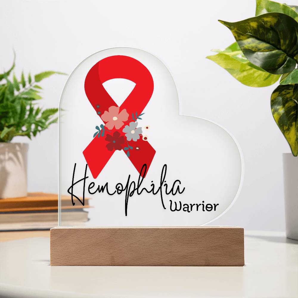 Hemophilia Warrior Acrylic Heart Plaque Sign | LED Base | Acrylic Night Light | Light Up Sign | Red Awareness Ribbon