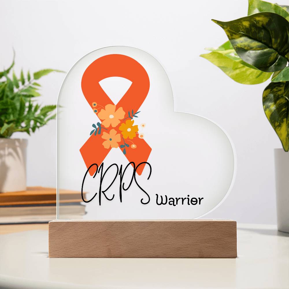 CRPS Warrior Acrylic Heart Plaque Sign | LED Base | Acrylic Night Light | Light Up Sign | Orange Awareness Ribbon