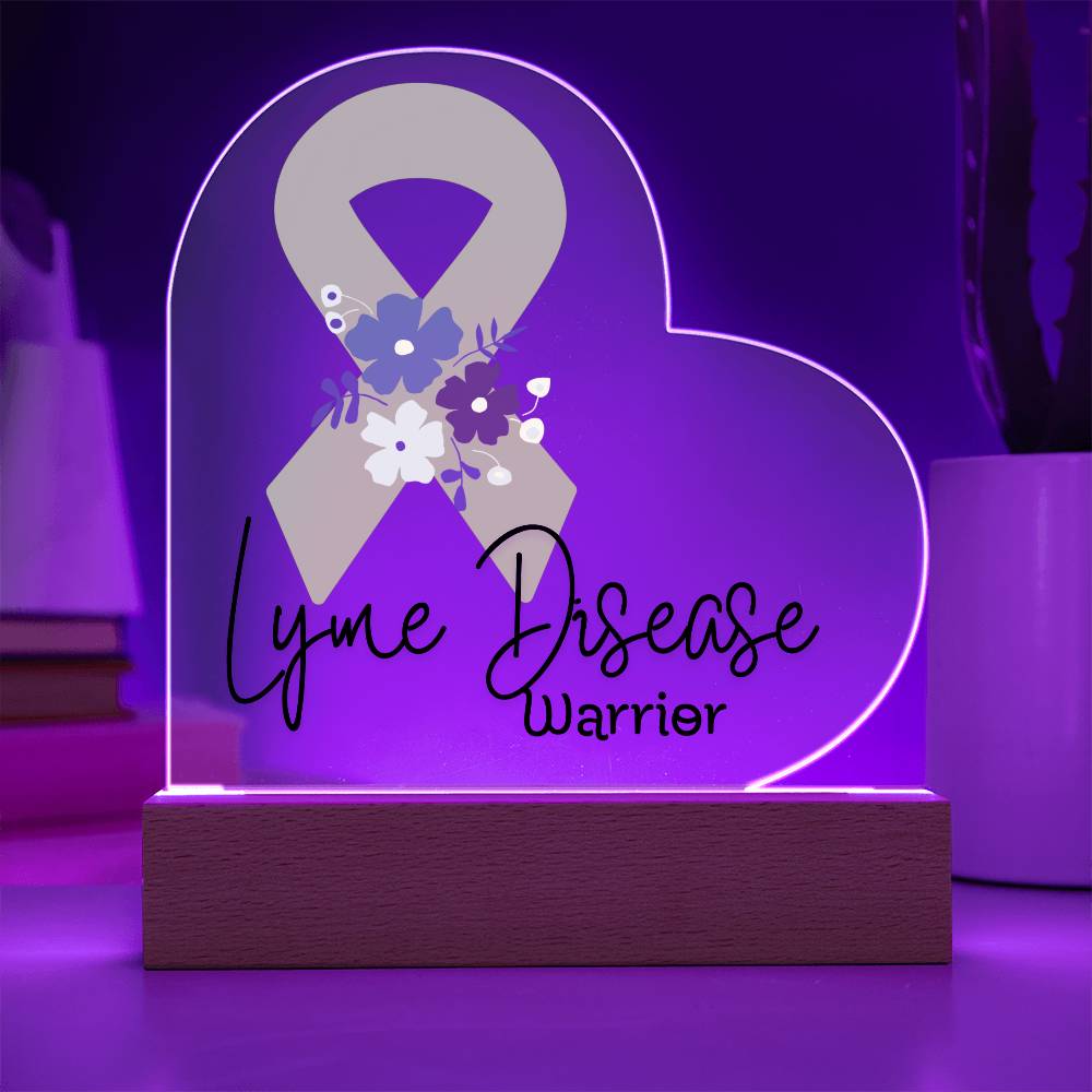 Lyme Disease Warrior Acrylic Heart Plaque Sign | LED Base | Acrylic Night Light | Light Up Sign | Lime Green Awareness