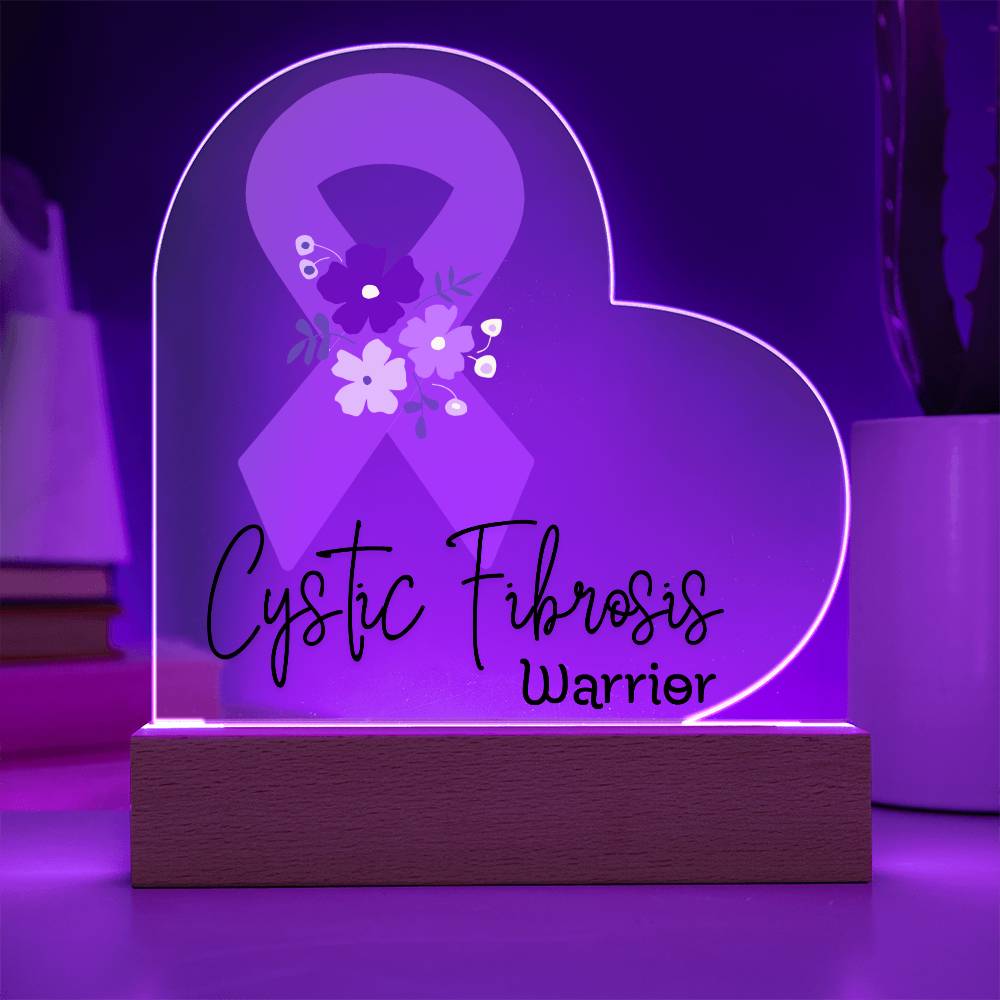 Cystic Fibrosis Warrior Acrylic Heart Plaque Sign | LED Base | Acrylic Night Light | Light Up Sign | Purple Awareness Ribbon