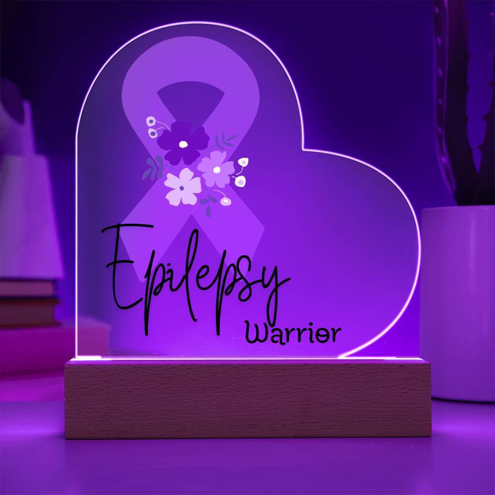 Epilepsy Warrior Acrylic Heart Plaque Sign | LED Base | Acrylic Night Light | Light Up Sign | Purple Awareness Ribbon