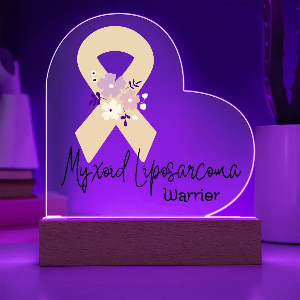 Myxoid Liposarcoma Warrior Acrylic Heart Plaque Sign | LED Base | Acrylic Night Light | Light Up Sign | Yellow Awareness Ribbon