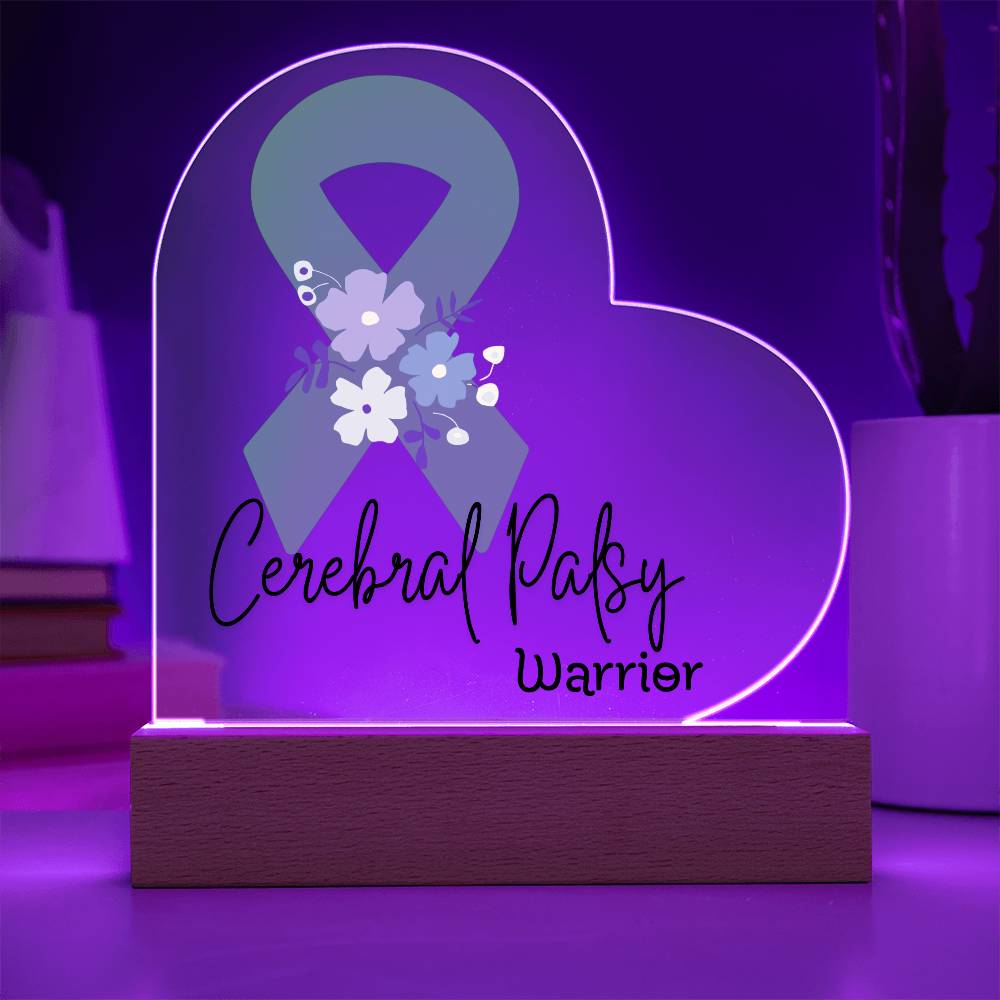 Cerebral Palsy Warrior Acrylic Heart Plaque Sign | LED Base | Acrylic Night Light | Light Up Sign | Green Awareness Ribbon