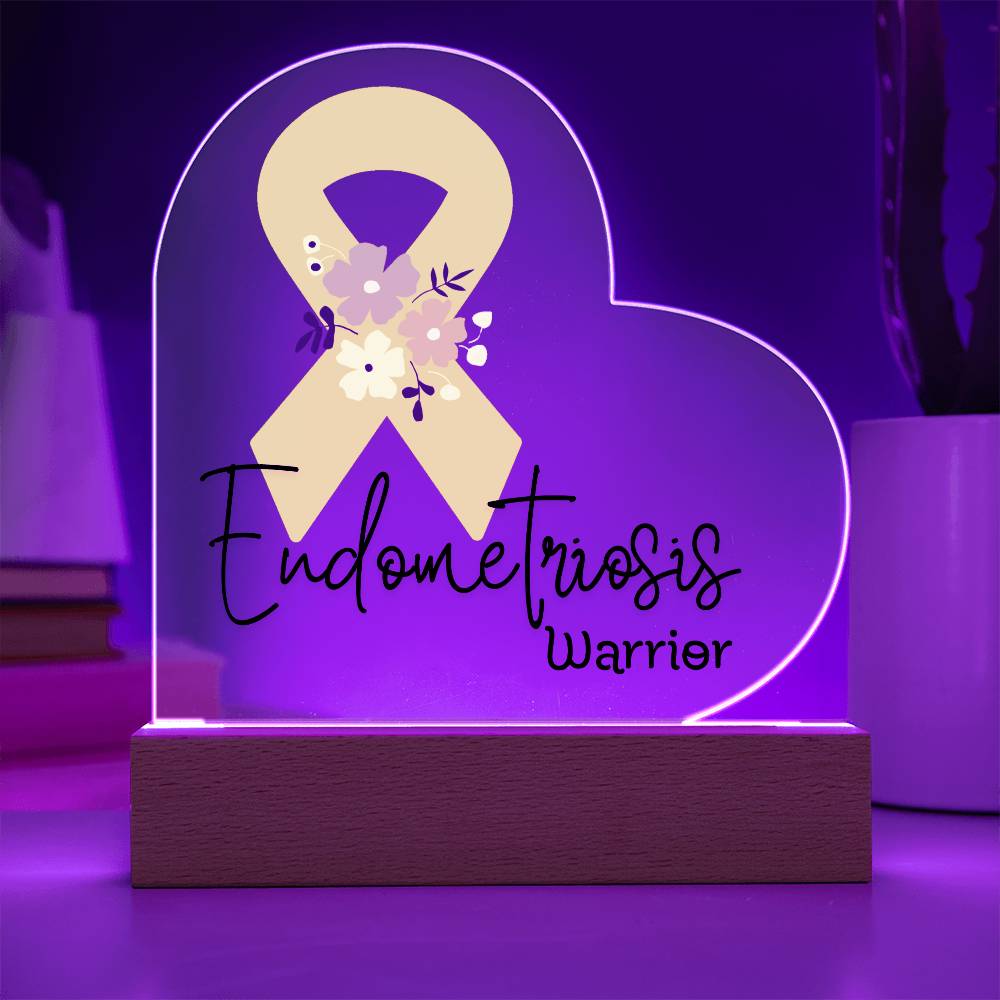Endometriosis Warrior Acrylic Heart Plaque Sign | LED Base | Acrylic Night Light | Light Up Sign | Yellow Awareness Ribbon