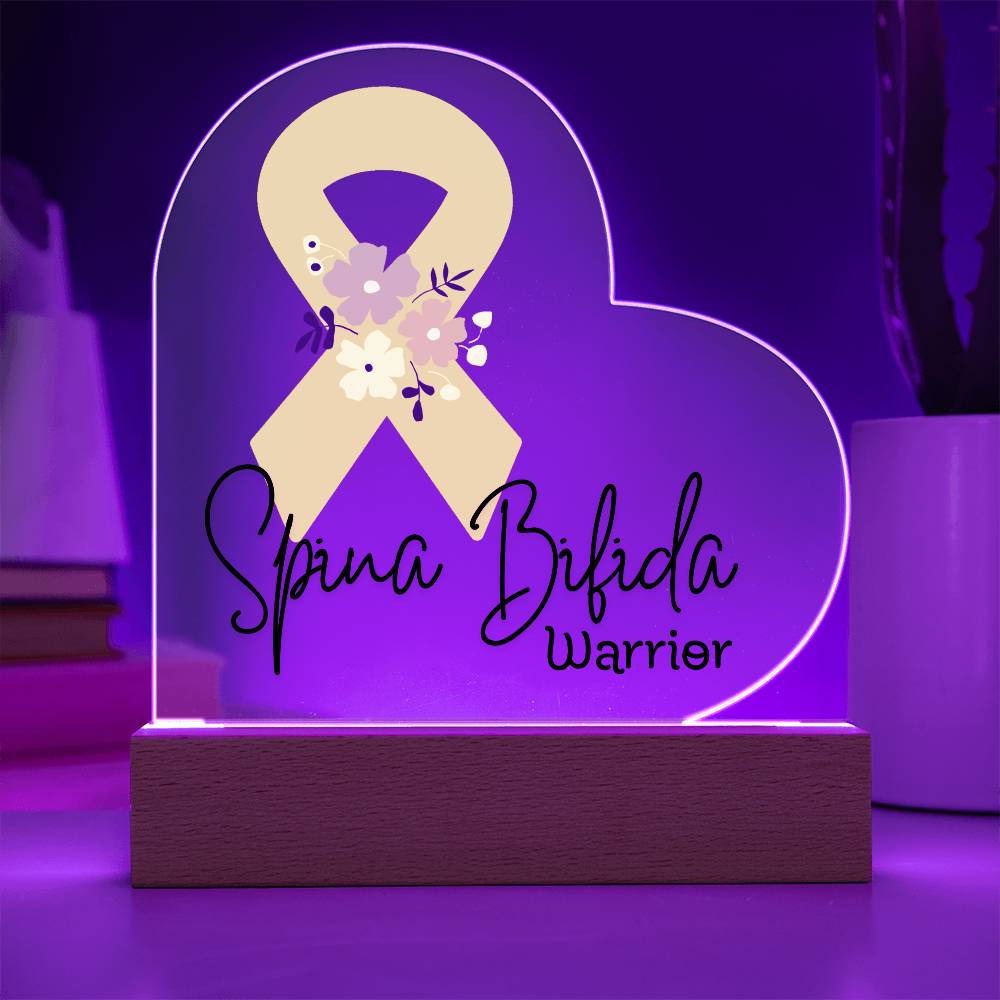 Spina Bifida Warrior Acrylic Heart Plaque Sign | LED Base | Acrylic Night Light | Light Up Sign | Yellow Awareness Ribbon