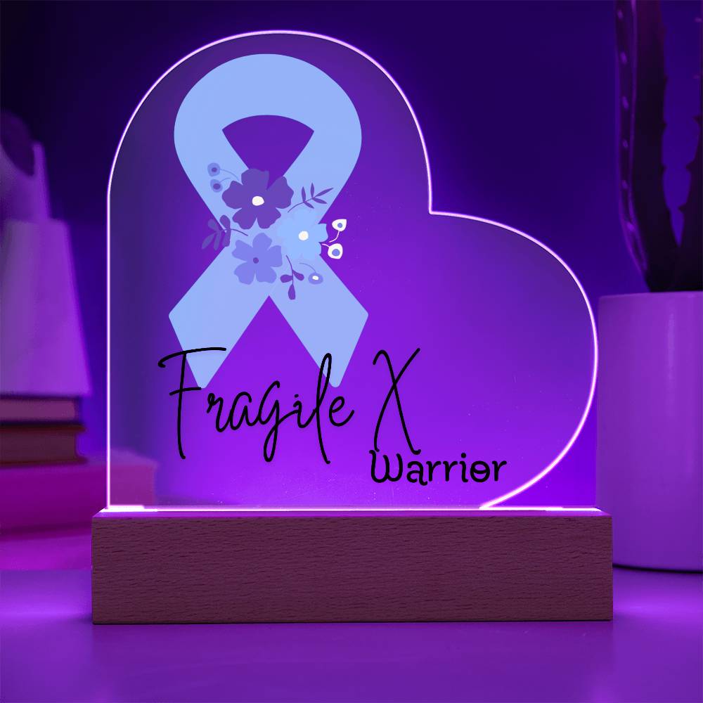 Fragile X Warrior Acrylic Heart Plaque Sign | LED Base | Acrylic Night Light | Light Up Sign | Teal Awareness Ribbon