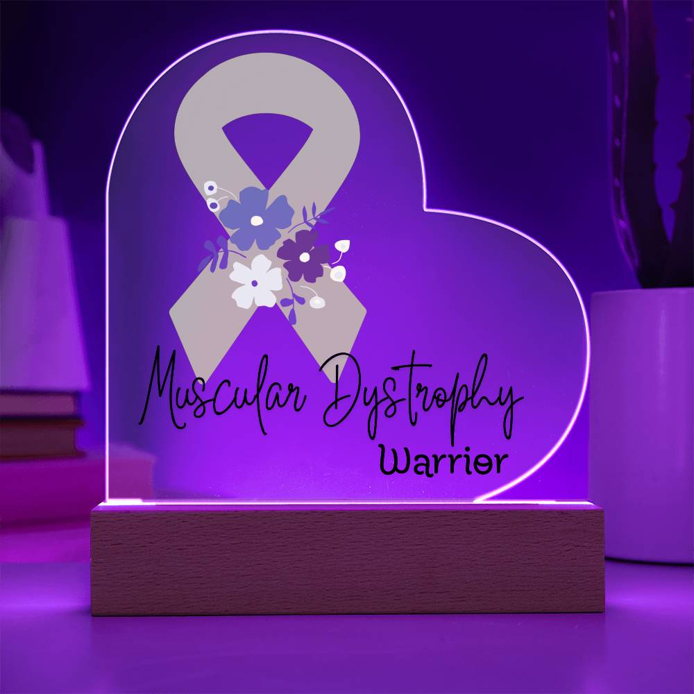Muscular Dystrophy Warrior Acrylic Heart Plaque Sign | LED Base | Acrylic Night Light | Light Up Sign | Lime Green Awareness Ribbon