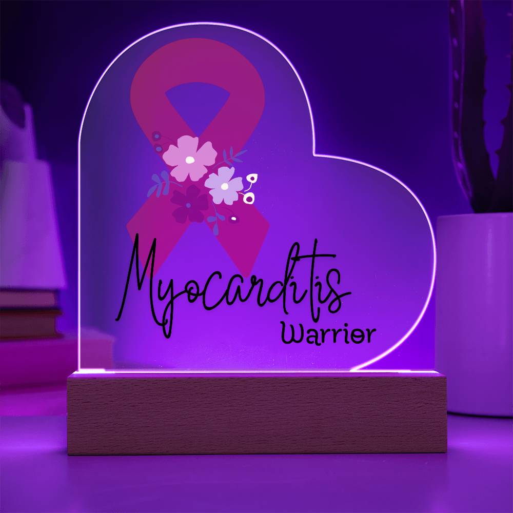 Myocarditis Warrior Acrylic Heart Plaque Sign | LED Base | Acrylic Night Light | Light Up Sign | Red Awareness Ribbon