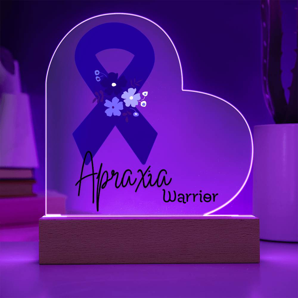 Apraxia Warrior Acrylic Heart Plaque Sign | LED Base | Acrylic Night Light | Light Up Sign | Blue Awareness Ribbon