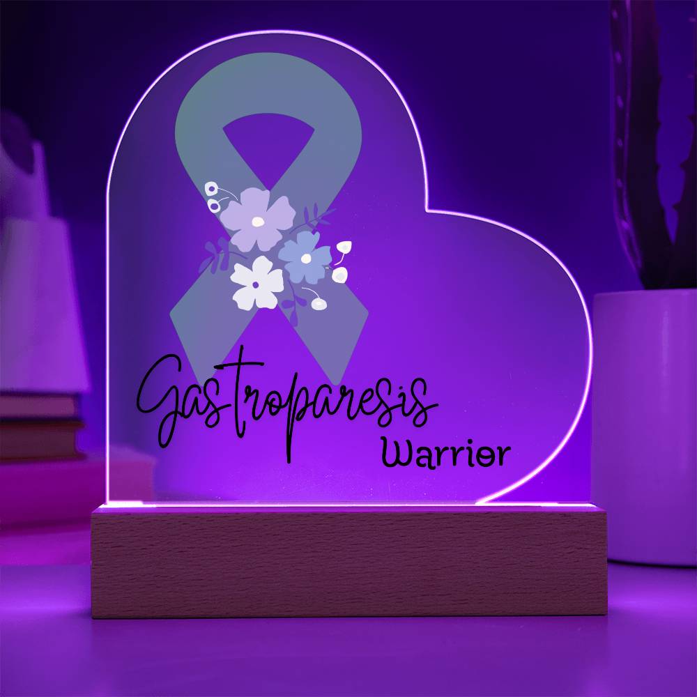 Gastroparesis Warrior Acrylic Heart Plaque Sign | LED Base | Acrylic Night Light | Light Up Sign | Green Awareness Ribbon